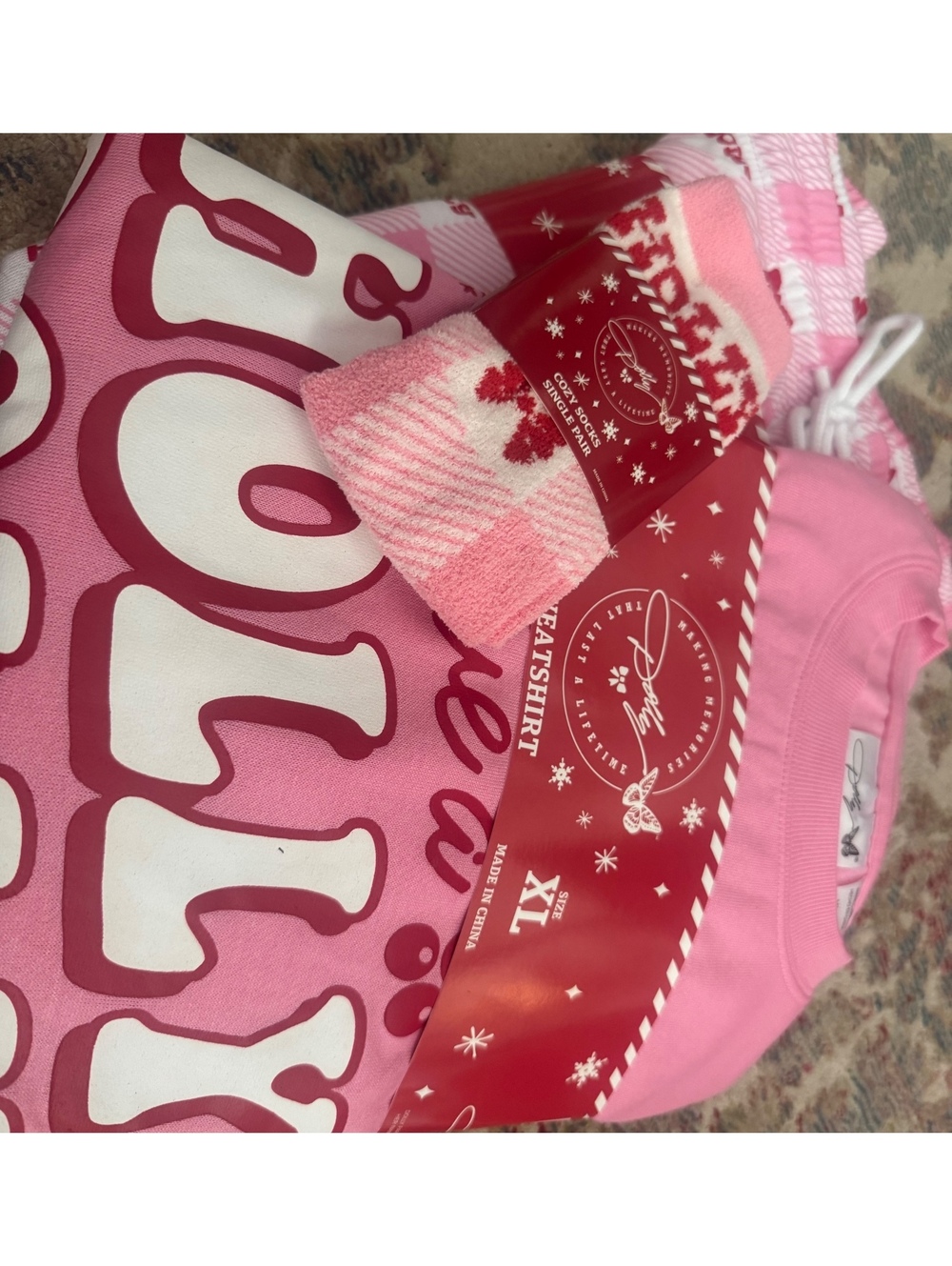 Dolly Pink XL Sweatshirt and Cozy Pink & White Festive Socks Set - 'Have a HOL